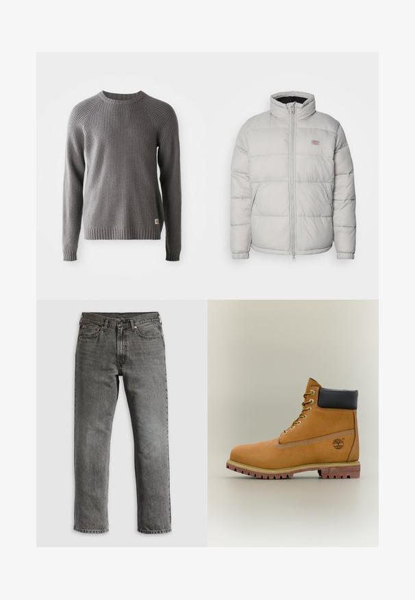 Graue Daunenjacke mit hohem Kragen, Reißverschluss und elastischen Bündchen. Sie hat ein gestepptes Design und ein kleines Logo-Patch auf der Brust.; Grauer, gerippter Strickpullover mit langen Ärmeln und Rundhalsausschnitt. Mit einer strukturierten Oberfläche und einem kleinen Logopatch am Saum.; Graue Jeans aus Denim mit geradem Bein, ausgestattet mit fünf Taschen, kupfernen Nieten und sichtbaren Nähten. Klassisches Design mit Reißverschluss.; Brauner Leder-Stiefelette mit schwarzem Kragen, gelben Schnürsenkeln und hellbrauner Sohle. Verfügt über ein Logo und weiße Ziernähe. Robuste Profilsohle.