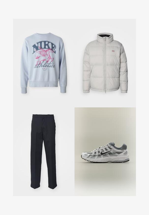 Grå pufferjakke med høj krave, lynlåslukning og elastiske manchetter. Den har et quiltet design og et lille logo patch på brystet.; Lyseblå sweatshirt med et stort grafisk motiv af en lyserød vinget hest og "NIKE" tekst i sort. Blødt stof med rund halsudskæring og ribbede manchetter.; Sorte skræddersyede bukser med lige ben, fremstillet af glat stof, med et taljebånd med løkker og uden synlige mønstre eller hardware.; Hvid og grå Nike P-6000 sneaker med sort swoosh, meshpaneler og tekstureret sål, vist i sideprofil på neutral baggrund.