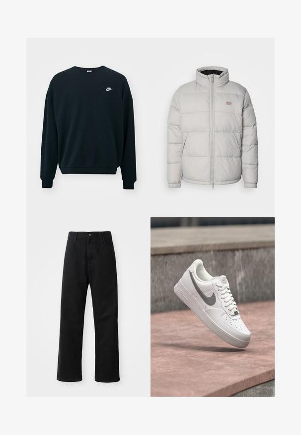 Graue Daunenjacke mit hohem Kragen, Reißverschluss und elastischen Bündchen. Sie hat ein gestepptes Design und ein kleines Logo-Patch auf der Brust.; Schwarzer Nike-Pullover mit langen Ärmeln, rundem Halsausschnitt und gerippten Bündchen. Mit einem weißen Nike-Logo auf der linken Brustseite.; Schwarze Jeans mit geradem Schnitt, ausgestattet mit Fronttaschen, einem Reißverschluss und einem einzelnen oberen Knopf. Texturiert mit matter Oberfläche.; Weißer Nike Air Force 1 Sneaker mit grauem Swoosh-Logo, der über einer Steinoberfläche und einem grauen Steinwandhintergrund schwebt.