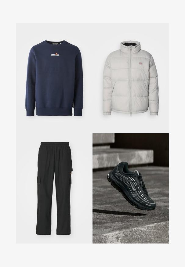 Grijze puffer jas met een hoge kraag, ritsluiting en elastische manchetten. Het heeft een gequilt ontwerp en een kleine logo patch op de borst.; Navyblauwe sweatshirt gemaakt van een zachte stof, met een ronde hals en geribbelde manchetten. Geborduurd "ellesse" logo met gekleurde accenten.; Zwarte cargobroek van lichtgewicht stof, met twee zijzakken, een elastische tailleband en een ontspannen pasvorm.; Zwarte en grijze Nike Air Max sneaker zwevend boven grijze betonnen trappen met een gestructureerde achtergrond van de grond.