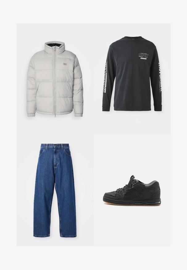 Graue Daunenjacke mit hohem Kragen, Reißverschluss und elastischen Bündchen. Sie hat ein gestepptes Design und ein kleines Logo-Patch auf der Brust.; Langarm schwarzes T-Shirt aus Baumwolle. Mit weißen Textgrafiken auf der linken Brust und entlang des rechten Ärmels. Rundhalsausschnitt, lockere Passform.; Weite Jeans aus Denim in Dunkelblau. Hohe Taille, Gürtelschlaufen und klassisches Fünf-Taschen-Design. Gestickter Saum mit sauberem Finish.; Schwarzer Sportschuh mit einem glatten Synthetik-Obermaterial, gepolstertem Schaft, strukturierten Akzenten und einer Gummisohle mit Luftpolsterung.