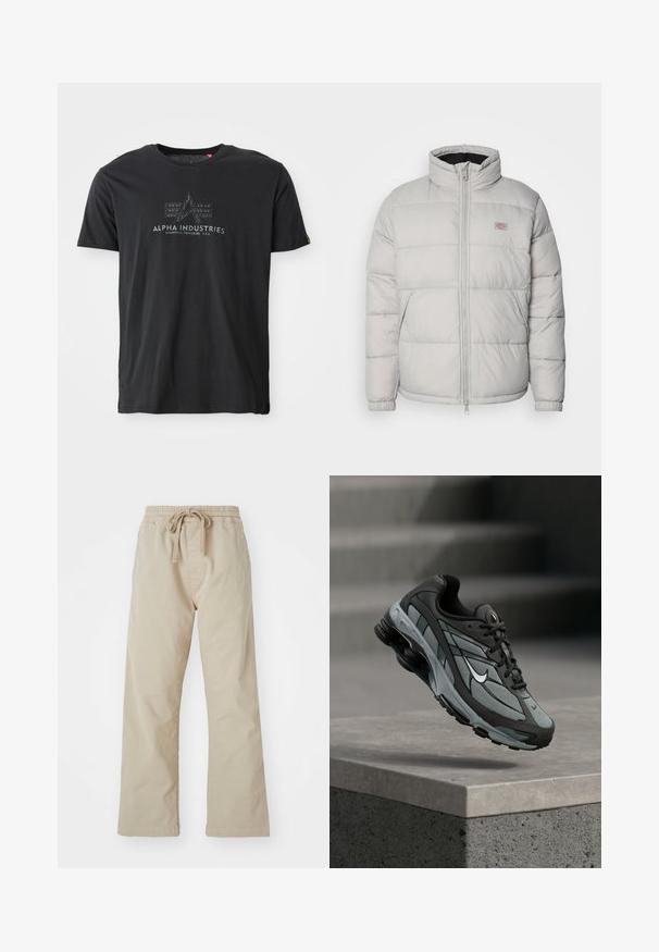 Veste matelassée grise avec un col haut, une fermeture éclair et des poignets élastiques. Elle présente un design matelassé et une petite patch logo sur la poitrine.; T-shirt noir en coton à col rond présentant un imprimé logo texturé avec les mots "ALPHA INDUSTRIES" et un design triangulaire au centre.; Pantalons en coton beige avec une taille élastique et un cordon de serrage. Conception à jambe droite, texture lisse et sans motifs ni accents visibles.; Baskets athlétiques grises et noires avec panneaux en mesh et semelle épaisse, positionnées en plein air au-dessus d'un rebord en béton avec des escaliers en arrière-plan.