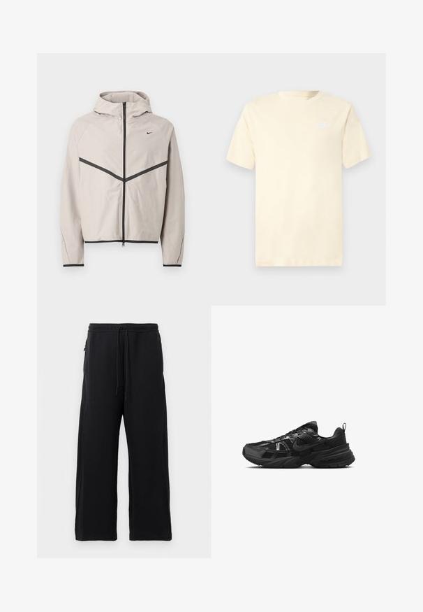 Chaqueta con capucha gris claro con cremallera negra, franja negra en forma de chevrón en el pecho y pequeño logo negro de Nike en el lado derecho.; Camiseta de algodón color crema claro con mangas cortas y cuello redondo. Presenta un pequeño logo blanco de Nike en el lado izquierdo del pecho.; Pantalones de chándal negros hechos de una tela suave, con cintura elástica ajustable, diseño de pierna ancha y bolsillos laterales con una textura lisa.; Zapatilla deportiva negra con parte superior de malla, suela de goma y acentos texturizados. Presenta un diseño de cordones y un logotipo distintivo en el lateral.
