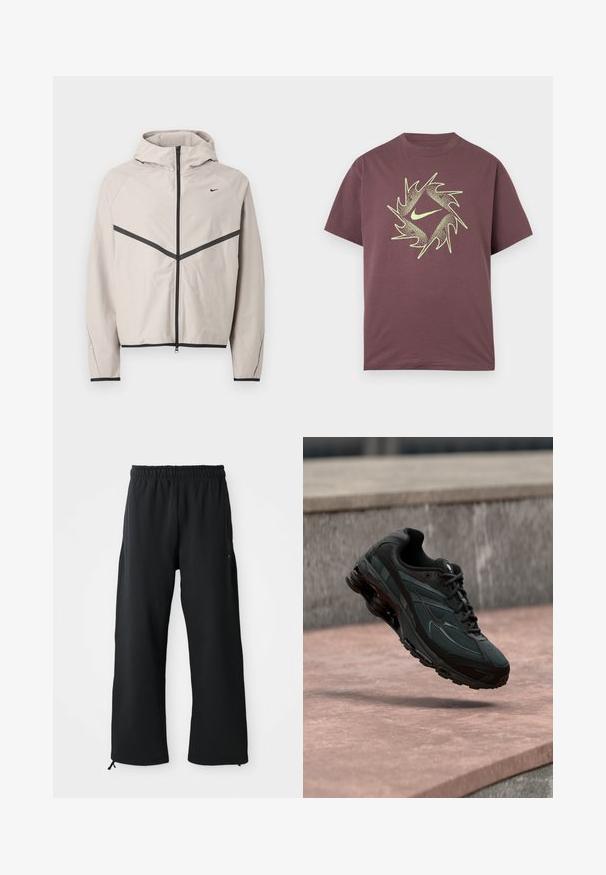 Hellgraue Kapuzenjacke mit schwarzem Reißverschluss, schwarzem Chevron-Streifen über der Brust und kleinem schwarzem Nike-Swoosh auf der rechten Seite.; Kurzärmeliges weinrotes T-Shirt mit einem neongelben abstrakten, gezackten Kreisdesign und einem zentralen Swoosh-Logo auf der Brust.; Schwarze weit geschnittene Hose aus weichem Stoff, mit elastischem Bund und Kordelzug, seitlichen Taschen und glatter Textur.; Schwarzer athletischer Sneaker mit sichtbarer Air-Cushioning-Zwischensohle, der über einer rosa Steinoberfläche mit grauer Steinmauer im Hintergrund schwebt.