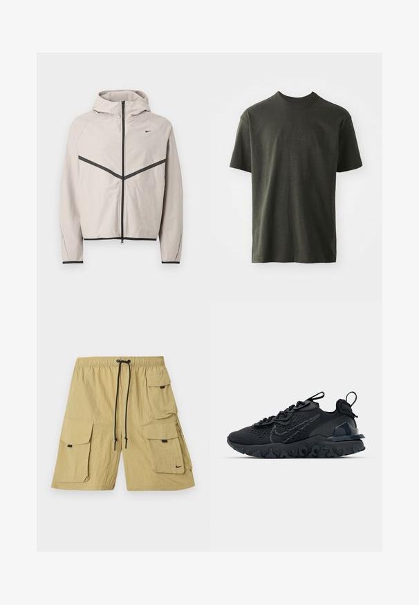 Hellgraue Kapuzenjacke mit schwarzem Reißverschluss, schwarzem Chevron-Streifen über der Brust und kleinem schwarzem Nike-Swoosh auf der rechten Seite.; Dunkelgrünes T-Shirt aus weichem Stoff, mit Rundhalsausschnitt und kurzen Ärmeln. Gesticktes "nike"-Logo in einem etwas dunkleren Grün.; Beige Cargo-Shorts aus leichtem Material. Verfügt über mehrere Seitentaschen, einen elastischen Bund mit Kordelzug und ein kleines Logo.; Schwarzer Sportschuh mit atmungsaktivem Mesh-Obermaterial, strukturierten Akzenten und einer wellenförmigen Gummisohle. Verfügt über ein reflektierendes Logo und ein Schnürsystem.