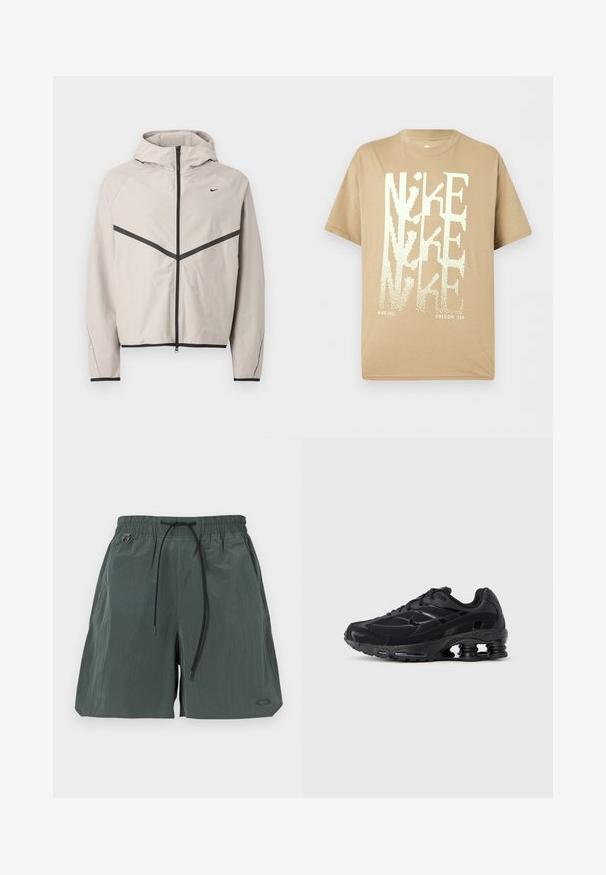 Veste à capuche gris clair avec fermeture éclair noire, bande chevron noire sur la poitrine et petit logo noir Nike sur le côté droit.; T-shirt beige à manches courtes Nike avec un grand texte blanc "NIKE" superposé et un petit "NIKE INC." et "OREGON, USA" en bas.; Shorts de sport verts en tissu léger. Dotés d'une taille élastique avec un cordon de serrage, de poches latérales et d'un logo discret sur l'ourlet.; Chaussure de sport noire avec une tige en mesh, un col rembourré et une technologie d'amorti proéminente au talon. Caractérisée par des accents texturés et des lacets.