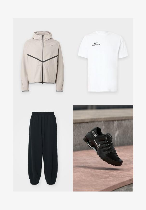 Svetlosivá bunda s kapucňou a čiernym zipsom, čierny zvislý chevron pruh cez hrudník a malý čierny Nike logo na pravej strane.; Biele bavlnené tričko s krátkym rukávom. Na ľavej strane hrudníka je čierne logo "Nike Official" a čierny znak Swoosh.; Čierne tepláky s elastickým pásom, vo voľnom strihu, s manžetami na členkoch, hladkej textúry a bez viditeľných vzorov alebo kovových doplnkov.; Čierny bežecký topánok Nike Shox s bielym logom Swoosh, vo vzduchu nad ružovým betónovým povrchom na pozadí sivej kamennej steny.