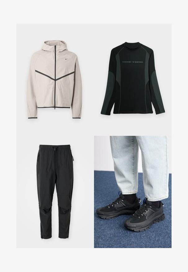 Lichtgrijze capuchonjas met zwarte rits, zwarte chevronstreep over de borst en kleine zwarte Nike-swoosh aan de rechterkant.; Zwarte shirt met lange mouwen en hoge kraag, gemaakt van textuurstof. Heeft grijze zijpanelen en het "NIKE TECH" logo op de borst.; Zwarte lichte broek met elastische tailleband, koord, ritszakken aan de zijkant, gebogen knieën en ritssluitingen bij de enkels.; Zwarte sportschoenen met gestructureerde stof en rubberen zolen, met elastische veters en een blauwe accent op de hiel. Draag samen met lichte spijkerbroeken.