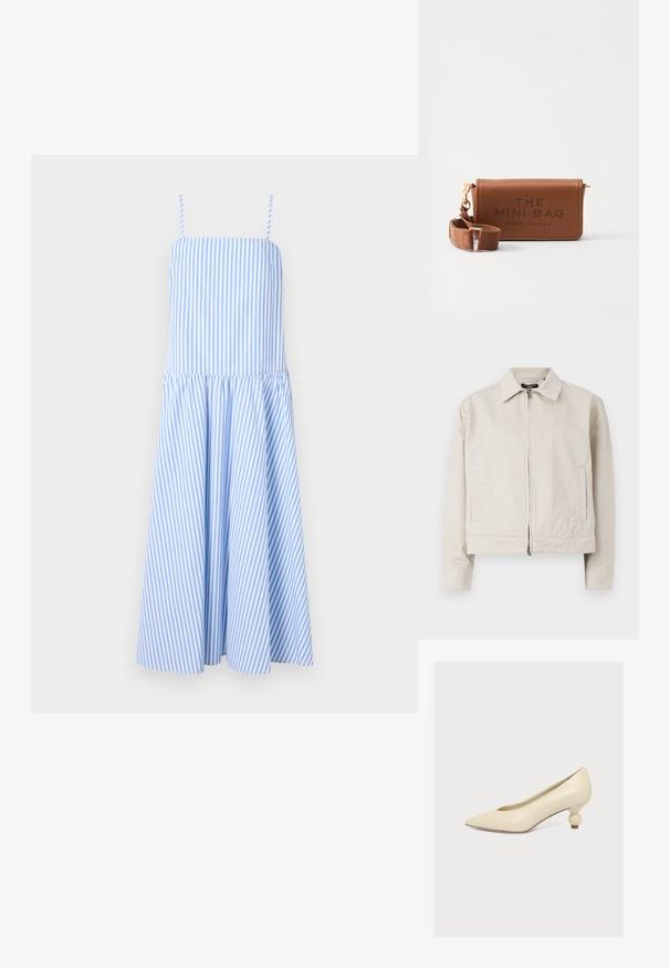 Veste beige clair avec un col structuré, fermeture éclair sur le devant et poches latérales. Fabriquée en tissu lisse avec une coupe ajustée.; Robe rayée bleu et blanc avec des bretelles spaghetti, buste ajusté et jupe évasée. Fabriquée en tissu léger, elle présente des rayures verticales.; Escarpin couleur crème à bout pointu avec un talon empilé court et rond et une finition mate lisse sur un fond uni clair.; Mini sac en cuir marron avec texte embossé, fermeture éclair et une sangle amovible pour un transport polyvalent. Accents dorés inclus.