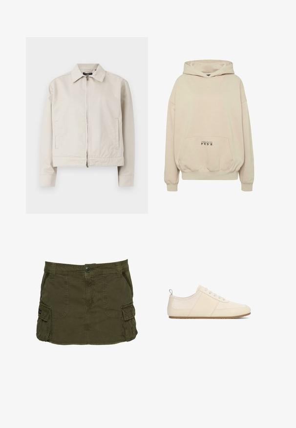 Lichtbeige jacket met een gestructureerde kraag, volledige rits aan de voorkant en zijzakken. Gemaakt van gladde stof met een getailleerde pasvorm.; Beige hoodie met een voorzak, geribbelde boorden en een capuchon met trekkoord. "PECADOR PGDR" tekst gedrukt op het zakgebied.; Kaki groene cargorok van een katoenmix, met zijzakken, zichtbare stiksels en een knoopsluiting in de taille.; Lage beige sneaker met vetersluiting en lichtbruine zool, zijaanzicht op witte achtergrond.
