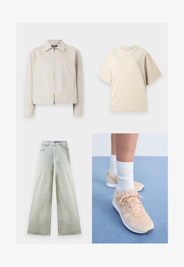 Lichtbeige jacket met een gestructureerde kraag, volledige rits aan de voorkant en zijzakken. Gemaakt van gladde stof met een getailleerde pasvorm.; Beige T-shirt met korte mouwen en een ronde hals, ontspannen pasvorm en effen ontwerp, weergegeven op een neutrale achtergrond.; High-rise, lichtgewassen wijde denim jeans met voorzakken, ceintuurlussen en een bruine knoopsluiting aan de tailleband.; Licht perzikkleurige sportschoenen met een bovenwerk van textiel, witte rubberen zool en vetersluiting. Gecombineerd met geribbelde witte sokken en geplaatst op een blauwe ondergrond.