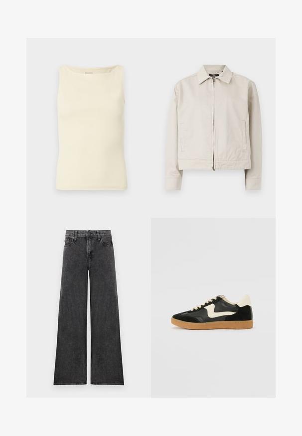 Veste beige clair avec un col structuré, fermeture éclair sur le devant et poches latérales. Fabriquée en tissu lisse avec une coupe ajustée.; Débardeur crème clair en tissu côtelé, avec un décolleté carré et un design sans manches. Aucun logo ou motif visible.; Jean en denim noir à jambes larges avec cinq poches et fermeture par boutons, présenté à plat sur un fond blanc.; Baskets en daim et cuir noir avec un swoosh latéral crème et un talon crème clair. Dotées de lacets beige et d'une semelle en caoutchouc gomme.