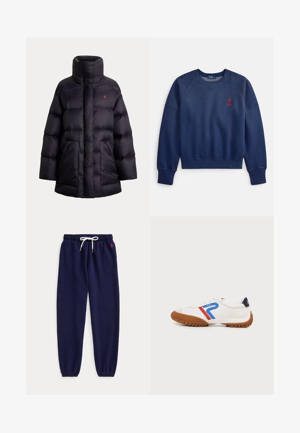 Schwarze gesteppt gepolsterte Jacke mit hohem Kragen, zwei Fronttaschen und kleinem roten gesticktem Logo auf der linken Brust.; Marineblauer Sweatshirt mit Rundhalsausschnitt, gerippten Bündchen und Saum, mit kleinem roten Sticklogo auf der Brust. Weicher, strukturierter Stoff.; Marineblaue Jogginghose mit weißem Kordelzug in der Taille und elastischen Bündchen, mit kleinem roten Logo nahe der linken Tasche bestickt.; Weißer Sneaker mit brauner Sohle, roten und blauen Streifendetails und schwarzem Fersenriegel, seitlich auf neutralem Hintergrund gezeigt.