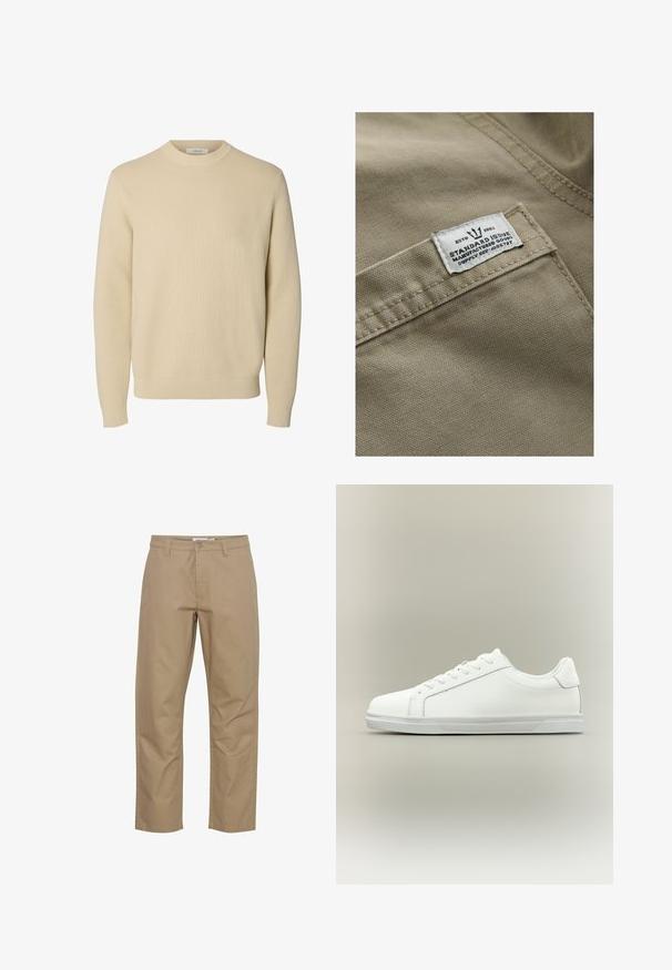 Khaki stof met een gestructureerd oppervlak, met een wit label op een zak genaaid—de tekst bevat "ESTD 1982," "STANDARD ISSUE," en een referentie voor de levering.; Effen beige ronde hals gebreide trui met lange mouwen en geribde boorden en zoom.; Beige katoenen broek met een rechte pijp, voorzien van een knoop- en ritsluiting aan de voorkant, zijzakken en een nette afwerking.; Witte lage sneaker met veterluiting aan de voorkant en een gestructureerde rubberen zool tegen een neutrale achtergrond.