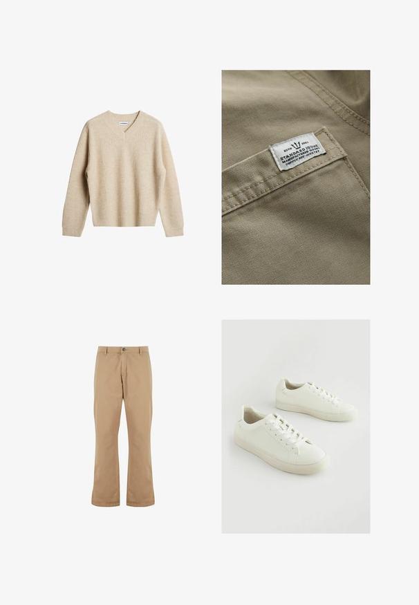 Khaki stof med en struktureret overflade, der har et hvidt mærke syet på en lomme – teksten inkluderer "ESTD 1982," "STANDARD ISSUE" og forsyningsreference.; Beige, ribbet striktrøje med V-hals og lange ærmer. Har en afslappet pasform og tekstureret stof for ekstra varme og komfort.; Beige bomuldsbukser med lige pasform, der har knaplukning, forlommer og en glat tekstur.; Hvide sneakers lavet af struktureret syntetisk materiale, med rund tå, snørelukning og en let forhøjet gummisål.