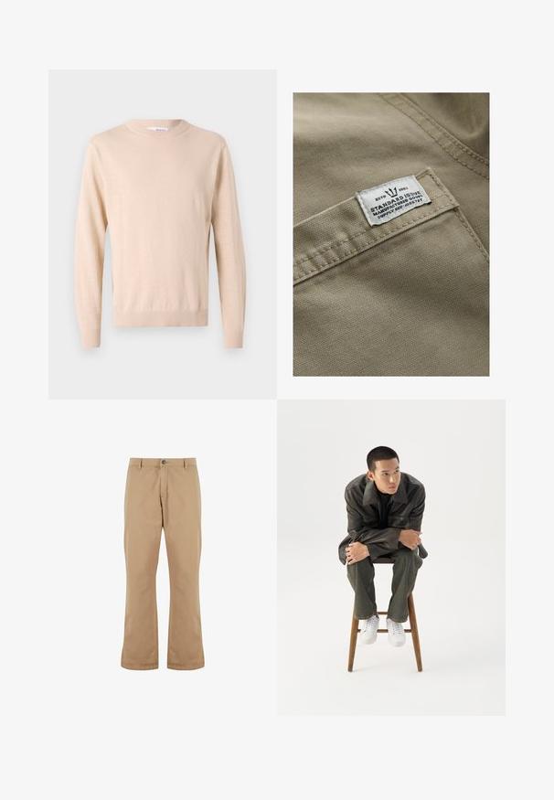 Khakifarbenes Gewebe mit strukturierter Oberfläche, versehen mit einem weißen Etikett, das auf einer Tasche genäht ist – der Text umfasst "ESTD 1982", "STANDARD ISSUE" und eine Lieferreferenz.; Beige gestrickter Pullover mit Rundhalsausschnitt, langen Ärmeln, gerippten Bündchen und Saum, hergestellt aus weichem Stoff und mit glatter Textur.; Beige Baumwollhosen mit geradem Schnitt, ausgestattet mit einem Knopfverschluss, Vordertaschen und einer glatten Textur.; Junger Mann in dunkler Lederjacke und Jeans sitzt auf einem Holzstuhl, lehnt sich mit verschränkten Armen nach vorne und schaut seitlich vor weißem Hintergrund.