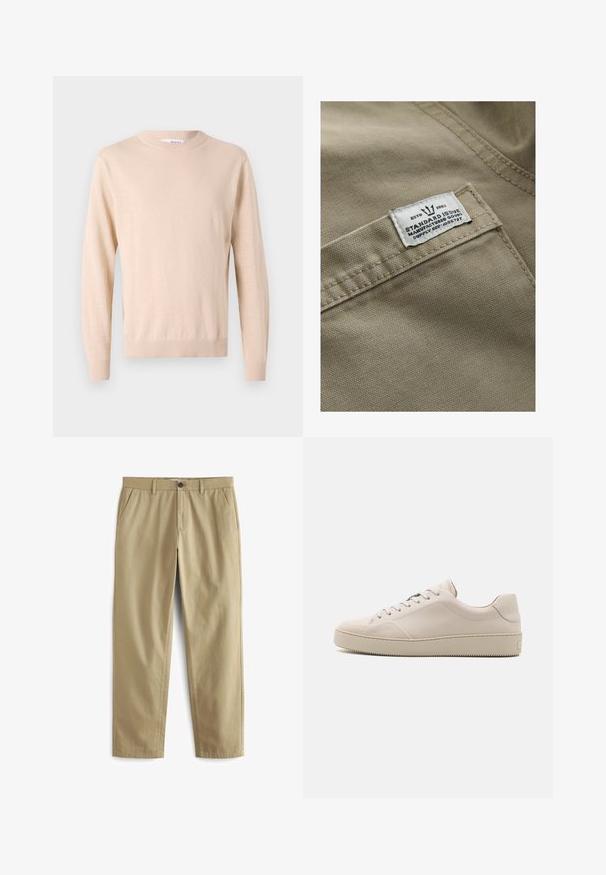 Khaki tkanina s textúrovaným povrchom, s bielou nášivkou na vrecku - text obsahuje "ESTD 1982," "STANDARD ISSUE" a referenciu na dodávku.; Béžový pletený sveter s okrúhlym výstrihom, dlhými rukávmi, rebrovanými manžetami a lemom, vyrobený z jemnej látky, s hladkým povrchom.; Béžové nohavice vyrobené z bavlneného zmesi, s gombíkovým zapínaním, dvoma prednými vreckami a nohavicami s priamej strihom s minimálnou textúrou.; Béžové kožené tenisky so hladkým povrchom, okrúhlou špičkou, plochou podrážkou a klasickým šnurovaním. Jemné akcenty z prešívania a textúrovaná podrážka.