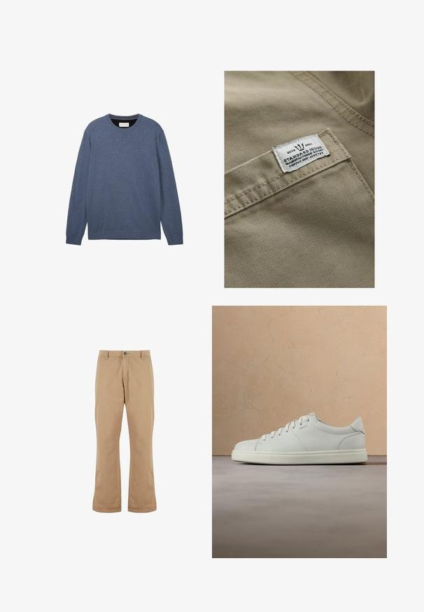 Khaki stof med en struktureret overflade, der har et hvidt mærke syet på en lomme – teksten inkluderer "ESTD 1982," "STANDARD ISSUE" og forsyningsreference.; Crewneck sweater i mørkeblå, fremstillet af blødt stof med en glat tekstur, der har lange ærmer og ribbede manchetter samt kant.; Beige bomuldsbukser med lige pasform, der har knaplukning, forlommer og en glat tekstur.; Hvid lædersneaker med en glat tekstur, rund snude og flade snørebånd. Har et diskret logo og en letvægts sål.