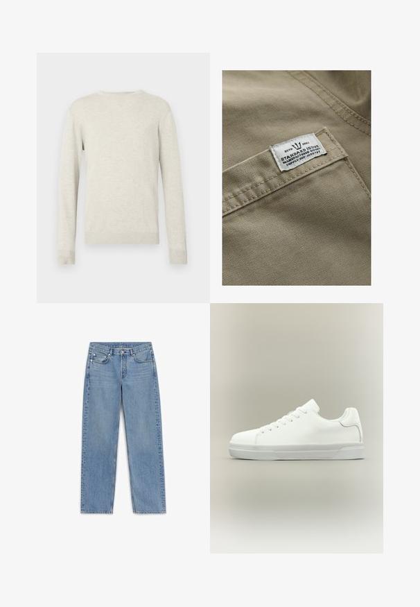 Khaki stof met een gestructureerd oppervlak, met een wit label op een zak genaaid—de tekst bevat "ESTD 1982," "STANDARD ISSUE," en een referentie voor de levering.; Beige trui met lange mouwen en ronde hals, voorzien van ribbels aan de mouwen en onderkant, gepresenteerd tegen een eenvoudige witte achtergrond.; Lichtblauwe denim jeans met een rechte snit, vijf zakken en subtiele vervaging. Voorzien van een knopenfly en stikdetails langs de naden.; Witte lage sneaker met veters aan de voorkant, gevoerde kraag en gerubberde zool met textuur, zijaanzicht op een neutrale achtergrond.