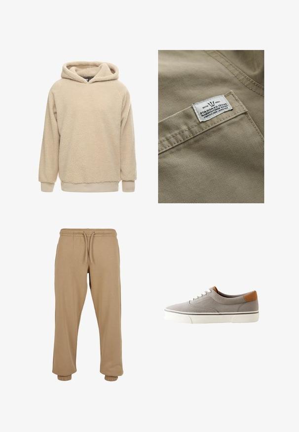 Khakifarbenes Gewebe mit strukturierter Oberfläche, versehen mit einem weißen Etikett, das auf einer Tasche genäht ist – der Text umfasst "ESTD 1982", "STANDARD ISSUE" und eine Lieferreferenz.; Beige Fleece-Hoodie mit strukturiertem Oberflächen, großem Kapuze und gerippten Bündchen und Saum. Bietet eine lockere Passform und lange Ärmel.; Beige Jogginghose aus weichem Baumwollmix, mit elastischem Bund und Kordelzug sowie elastischen Bündchen an den Knöcheln.; Hellgrauer niedriger Canvas-Sneaker mit weißen Schnürsenkeln, weißer Gummisohle und braunem Wildleder-Fersenakzent.
