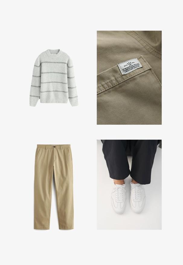 Khaki tkanina s textúrovaným povrchom, s bielou nášivkou na vrecku - text obsahuje "ESTD 1982," "STANDARD ISSUE" a referenciu na dodávku.; Šedý pruhovaný sveter vyrobený z mäkkej, štruktúrovanej tkaniny. Má okrúhly výstrih a dlhé rukávy s horizontálnymi pruhmi v svetlošedej a tmavosivej farbe.; Béžové nohavice vyrobené z bavlneného zmesi, s gombíkovým zapínaním, dvoma prednými vreckami a nohavicami s priamej strihom s minimálnou textúrou.; Biele kožené tenisky s hladkým povrchom, okrúhlou špičkou a klasickým šnurovaním, umiestnené nad tmavými, voľnejšími nohavicami.