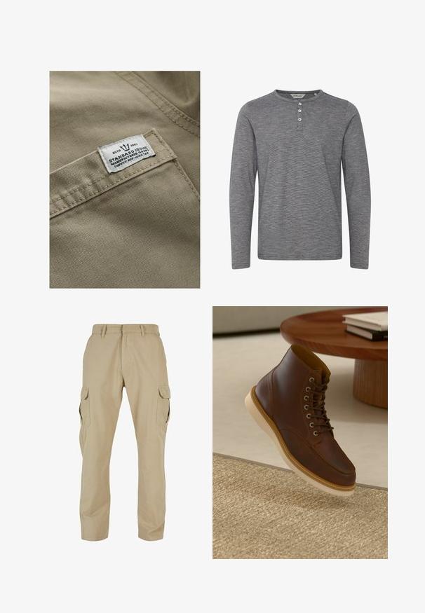 Khaki kangas tekstuuriga pinnaga, millel on valge silt, mis on õmmeldud taskusse - tekst sisaldab "ESTD 1982", "STANDARD ISSUE" ja varustusreferentsi.; Hallhalli pika varrukaga henley särk, mis on valmistatud pehmest kangast, ümarate kaelustega, kolme nupuga esivarruka ja delikaatse tekstuuriga.; Beige cargo püksid, mis on valmistatud puuvillast twill-kangast, mitmete küljetaskutega, sirge jala disainiga ja lukuga põhipaela ning vöökandjatega.; Pruun nahkane pahkluu saabas beeži tallaga tekstuurse beeži vaiba peal, ümmarguse puust laua kõrval, mille peal on kokku pandud raamatud.