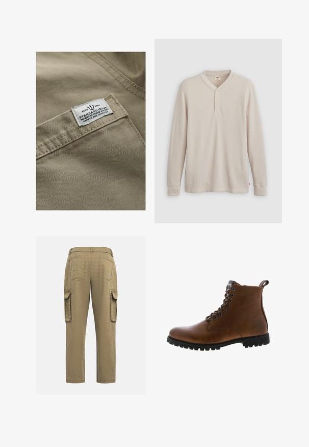 Tissu khaki au toucher texturé, avec une étiquette blanche cousue sur une poche—le texte inclut "ESTD 1982," "ÉMISSION STANDARD," et une référence d'approvisionnement.; T-shirt henley à manches longues en tissu côtelé beige clair, avec un col en V, une patte de boutonnage à trois boutons et des manches à poignets. Étiquette logo rouge à l'ourlet.; Pantalons cargo en coton kaki avec une coupe droite. Comprend deux poches latérales, deux poches arrière et une taille cousue. Texture lisse.; Bottines en cuir marron avec une finition texturée, œillets en métal et semelle en caoutchouc noir à crampons. Comprend une languette à l'arrière pour un enfilage facile.