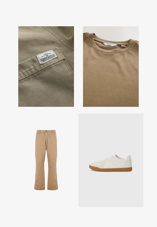 Khaki stof met een gestructureerd oppervlak, met een wit label op een zak genaaid—de tekst bevat "ESTD 1982," "STANDARD ISSUE," en een referentie voor de levering.; Bruine katoenen t-shirt met een ronde halslijn en korte mouwen. Beschikt over het 'NEXT' logo op het binnenlabel, een soepele textuur en een regular fit.; Beige katoenen broek met een rechte snit, voorzien van een knoopsluiting, zijzakken en een gladde textuur.; Witte sneaker gemaakt van glad leer met een gumrubberen zool, voorzien van eenvoudige stiksels en een klein gouden logo aan de zijkant.