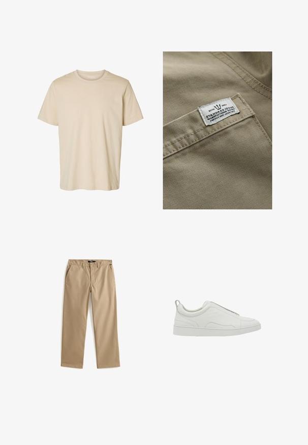 Khaki stof med en struktureret overflade, der har et hvidt mærke syet på en lomme – teksten inkluderer "ESTD 1982," "STANDARD ISSUE" og forsyningsreference.; Beige T-shirt med korte ærmer og rund hals med ensfarvet design, lavet af blødt stof.; Beige bukser med lige ben, knap- og lynlåslukning, bæltestropper og sidelommer, lagt fladt på en hvid baggrund.; Hvid lavtop sneaker med slip-on design, polstret krave og trækstrop ved hælen, med en tyk gummisål og glat læderoverdel.