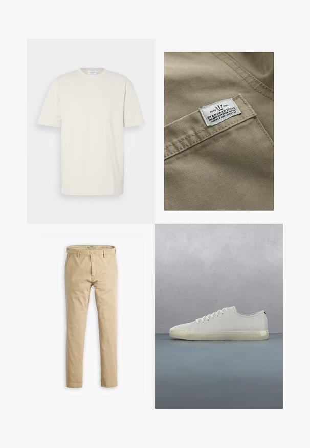 Khaki stof met een gestructureerd oppervlak, met een wit label op een zak genaaid—de tekst bevat "ESTD 1982," "STANDARD ISSUE," en een referentie voor de levering.; Korte mouwen t-shirt in gebroken wit, gemaakt van katoen. Klassiek ontwerp met ronde hals en een rechte snit met minimale stikseldetails.; Beige chinos van katoen met een straight-leg ontwerp. Voorzien van een sluiting met een knoop aan de voorkant, riemlussen en zijzakken. Gladde textuur.; Witte leren sneaker met veters zwevend boven vierkante houten tegels en kleine stenen, met een boom en een grijze achtergrond.