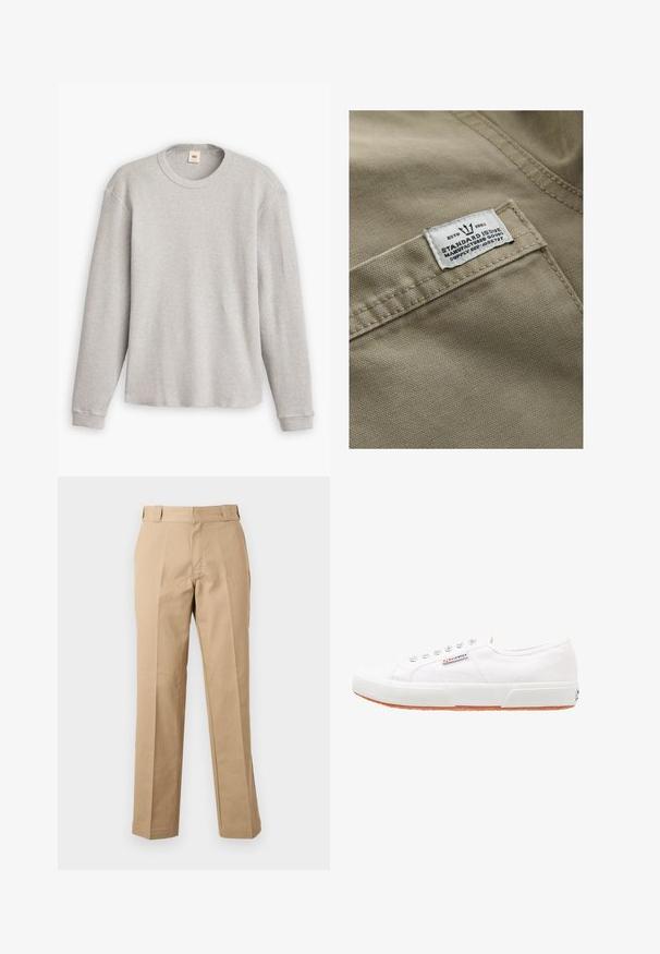 Khaki tkanina s textúrovaným povrchom, s bielou nášivkou na vrecku - text obsahuje "ESTD 1982," "STANDARD ISSUE" a referenciu na dodávku.; Sivý pletený sveter s dlhým rukávom, rebrovanou textúrou, okrúhlym výstrihom a rovnými okrajmi. Manžety sú priliehavé a vyrobené z jemného materiálu.; Béžové nohavice so vzorom rovnej nohy, s pútkami na opasok, predným zipsom a nažehlovanými záhybmi, zobrazené na jednoduchom bielom pozadí.; Biele plátnené tenisky s gumovou podrážkou, s šnurovacím dizajnom a malou logo nálepkou na boku. Štruktúrovaný biely zvršok a hnedá podrážka.