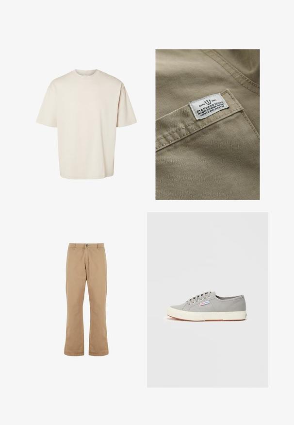 Khaki tkanina s textúrovaným povrchom, s bielou nášivkou na vrecku - text obsahuje "ESTD 1982," "STANDARD ISSUE" a referenciu na dodávku.; Jednoduché béžové bavlnené tričko s krátkym rukávom, voľného strihu s okrúhlym výstrihom, zobrazené na bielom pozadí.; Béžové bavlnené nohavice s rovný strihom, s gombíkovým zapínaním, prednými vreckami a hladkým povrchom.; Svetlošedá nízka plátenná teniska s bielou gumovou podrážkou a šnúrkami, s malou bočnou značkou s názvom značky „Superga.“