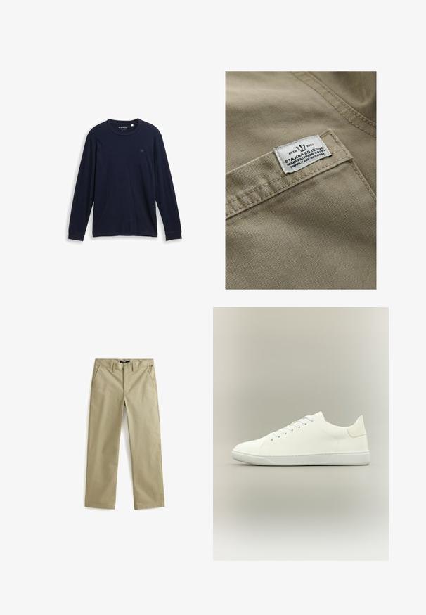 Tejido caqui con una superficie texturizada, con una etiqueta blanca cosida en un bolsillo que incluye el texto "ESTD 1982," "STANDARD ISSUE," y referencia de suministro.; Camiseta de manga larga azul marino hecha de algodón suave, con un cuello redondo, dobladillos cosidos y un pequeño logo bordado en el pecho.; Chinos de algodón beige con un diseño de pierna recta, que cuentan con dos bolsillos frontales y un cierre de botón clásico. Textura suave, acentos mínimos.; Zapatilla blanca de corte bajo con cordones, parte superior de cuero liso y suela plana de goma sobre un fondo neutro.