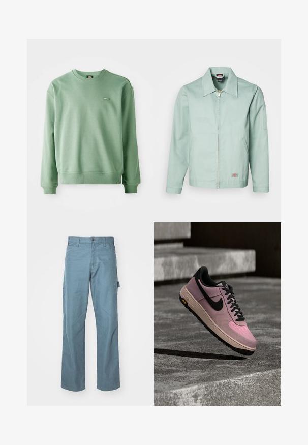 Kerge roheline puuvillane jakk, millel on ees tõmblukk, terav krae ja kaks külge taskut. Rinna vasakus alumises osas on plaastrilogoga. ; Roheline crewneck-sviiter, mis on valmistatud pehmest kangast, ribikottide ja alläärega ning väikese logotagiga ees. Sile tekstuur.; Heledsinine puuvillane cargo-püksid, millel on sirge lõige, kaks küljetaskut ja üks silmus vööl lisafunktsionaalsuse saavutamiseks.; Roosa ja must Nike Air tennisejalanõu musta logoga ja beežide tallaga, riputatud halli tekstuuriga betoonastmete kohale.