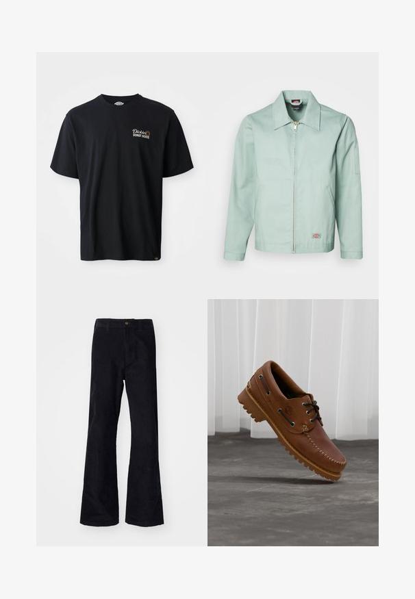 Hellgrüne Jacke aus Baumwolle mit einem Frontreißverschluss, spitzem Kragen und zwei seitlichen Taschen. Mit einem Patch-Logo an der linken unteren Seite.; Schwarzes Baumwoll-T-Shirt mit kurzen Ärmeln. Verfügt über ein gesticktes Logo "Dickies Donut House" im linken Brustbereich. Klassisches Rundhaldesign.; Schwarze, baumwollene Schlaghose mit traditionellem Bund, einem einzelnen vorderen Knopf und Taschen an den Seiten und hinten. Glatte Textur.; Brauner Leder-Bootsschuh mit schwarzen Schnürsenkeln, beigen Nähten und einer robusten Sohle, schwebt über einem grauen Betonboden.