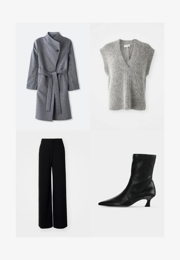 Long manteau en laine gris avec un col haut, fermeture à un bouton noir près du cou, deux poches latérales et une ceinture assortie nouée à la taille.; Gilet sans manches en maille grise douce et duveteuse avec un col en V profond et des épaules larges, posé à plat sur un fond blanc.; Pantalons larges noirs à taille haute, en tissu lisse, avec fermeture à bouton à l'avant et sans poches visibles, offrant une coupe tailleur.; Botte mi-mollet en cuir noir avec bout pointu et petit talon kitten, vue de profil sur un fond clair uni.