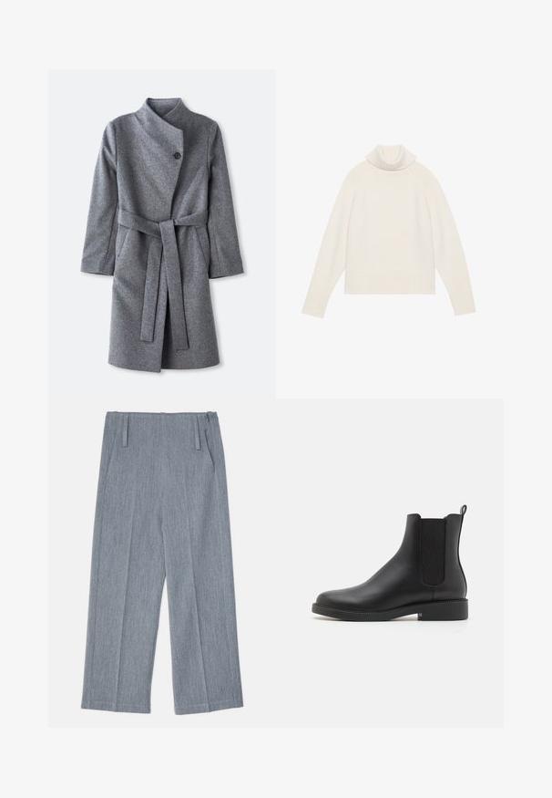 Lang grå uldfrakke med høj krave, enkelt sort knaplukning nær halsen, to sidelommer og matchende bælte bundet om taljen.; Lyscreme turtleneck sweater med ribbet tekstur, raglanærmer og tætsiddende kant. Blødt materiale og afslappet silhuet.; Lys grå, vidde bukser lavet af struktureret stof, med to frontfolder og to sidelommer. Ren, skræddersyet design.; Sort læder ankelstøvle med elastiske sidepaneler, rund tå, lav blokhæl og en hængetab på bagsiden for nem påtagning.