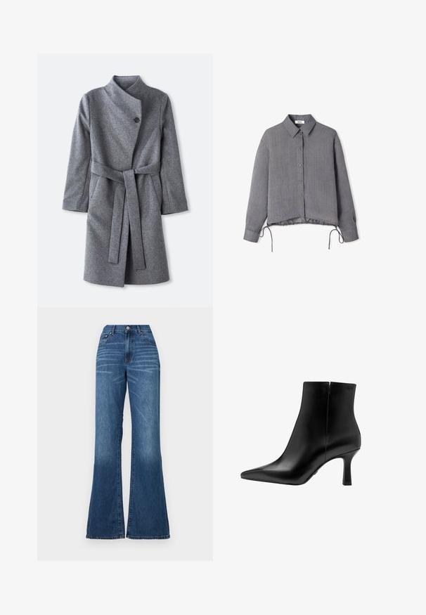 Lang grijs wollen jasje met hoge kraag, enkele zwarte knoopsluiting bij de hals, twee zijzakken en een bijpassende riem die om de taille is geknoopt.; Grijze button-up shirt met lange mouwen, verticale strepen, kraag en een verstelbare trekkoordzoom voor een aanpasbare pasvorm.; Wijde pijp jeans van middelmatig gewassen denim. Heeft een hoge taille, sluiting met een knop aan de voorkant en minimale vervaging. Rechte snit van bovenbeen tot zoom.; Zwarte leren enkellaars met een spitse neus, hoge stilettopes, gladde textuur en minimalistisch ontwerp. Voorzien van een ritssluiting aan de achterkant.