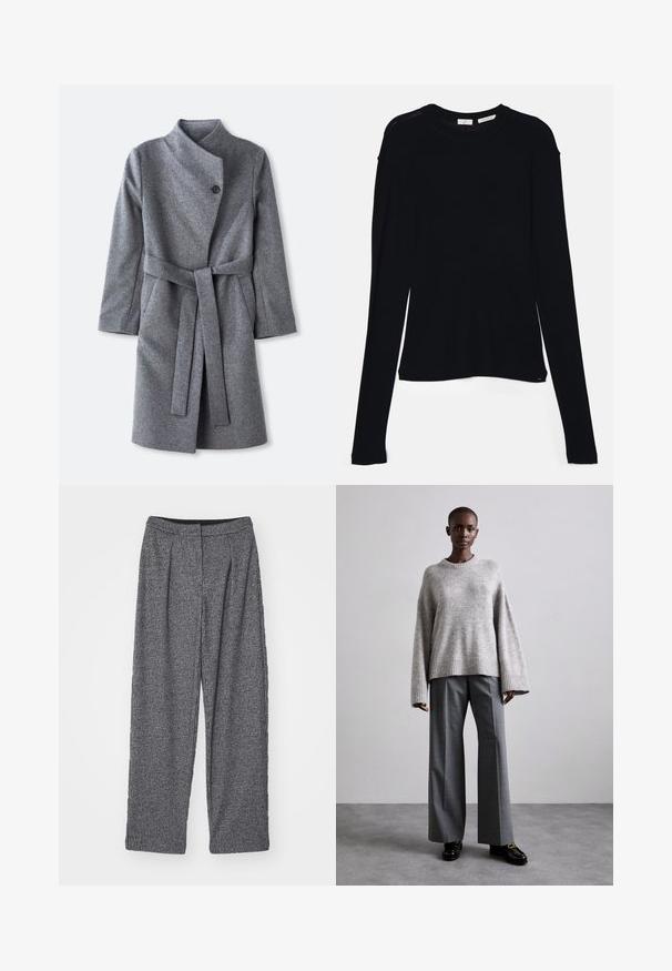 Long manteau en laine gris avec un col haut, fermeture à un bouton noir près du cou, deux poches latérales et une ceinture assortie nouée à la taille.; Haut noir à manches longues en tissu doux, avec un col rond et une coupe décontractée, doté de fentes sur les côtés à l'ourlet pour faciliter les mouvements.; Pantalon gris à carreaux avec une taille haute, une coupe évasée et des plis. Fabriqué en tissu texturé avec un motif monochrome.; Pull en maille gris avec des manches larges et un ourlet côtelé, assorti à un pantalon gris taille haute avec un motif à carreaux discret et des mocassins noirs.