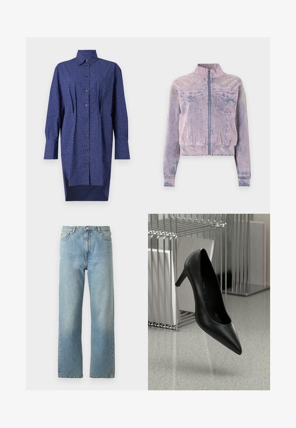 Lyserød denimjakke med høj krave, frontlynlås, to brystlommer og struktureret overflade. Kortskaftet design med blå accenter.; Mørkeblå lang skjortekjole, knaplukning fortil, hvid prikket mønster, krave, lange ærmer, sideslids ved kanten, bomuldsstof.; Lyseblå denimjeans med lige ben, der har en fem-lomme stil og en knaplukning i taljen.; Sort læder højhælet sko med spids tå og en slank hæl, sat mod en minimalistisk baggrund med metal og neutrale farver.