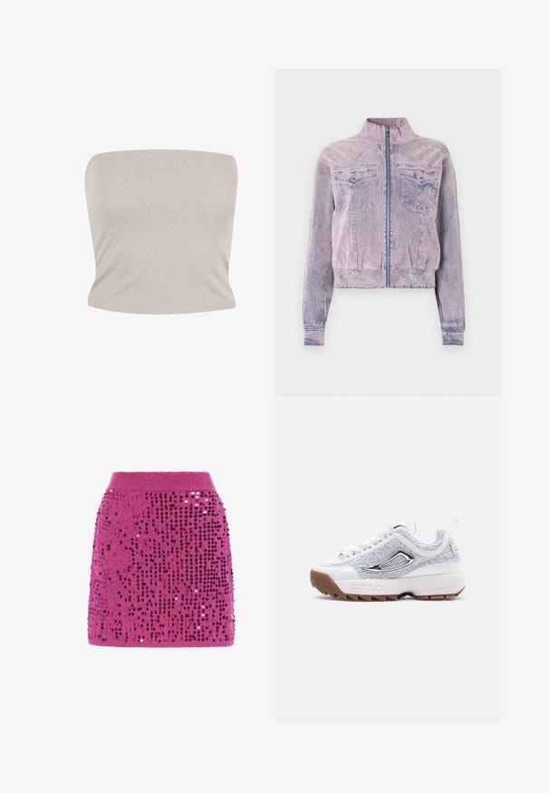 Lyserød denimjakke med høj krave, frontlynlås, to brystlommer og struktureret overflade. Kortskaftet design med blå accenter.; Bandeau top i lys beige strikket stof med subtil glans, der har en tætsiddende design og glat tekstur, med en lige udskæring.; Magenta strikket mini nederdel pyntet med lodrette rækker af skinnende pailletter og en ribbet talje.; Hvid og grå FILA sneaker med tekstureret mesh-overdel, sølvlogo-detalje, tyk hvid sål og brun gummisål.