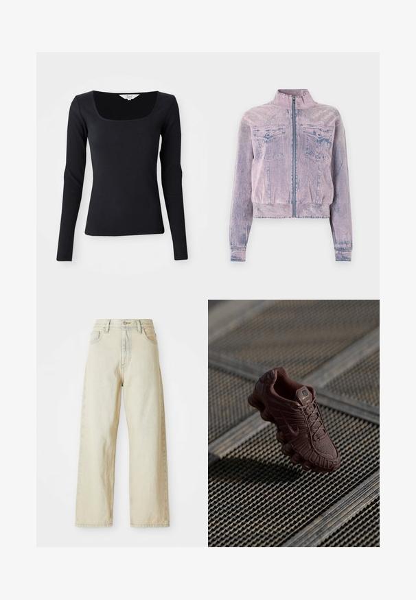 Chaqueta de mezclilla rosa con un cuello alto, cierre delantero, dos bolsillos en el pecho y un acabado texturizado. Diseño cropped con acentos azules.; Top negro de manga larga con canalé y escote cuadrado, hecho de un material elástico, diseño ajustado y color sólido sin patrones ni adornos.; Jeans de denim de pierna ancha en un tono beige claro, con bolsillos frontales, una cintura alta y sutiles detalles de costura. Hechos de una tela de denim texturizada.; Zapatilla Nike marrón con una parte superior de malla texturizada, suela curva distintiva y cuello acolchado, mostrada contra un fondo patternado.