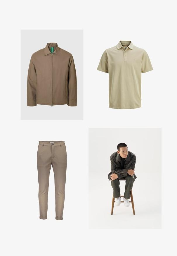 Ruskea vetoketjullinen takki, jossa on terävä kaulus, pitkät hihat ja sileä pinta; kauluksessa näkyy vihreä merkki.; Beige polo paita valmistettu puuvillasta, jossa on lyhyet hihat, kauluspääntie, kolme nappia ja pieni logo vasemmassa rinnassa.; Beiget puuvillasekoitehousut kapealla istuvuudella, joissa on nappikiinnitys, vyölenkit ja käännetyt lahkeet. Sileä pinta ja siistit saumat.; Nuori mies tummassa nahkatakissa ja farkuissa istuu puisella jakkaralla, nojaa eteenpäin käsivarret ristissä ja katsoo sivulle valkoista taustaa vasten.