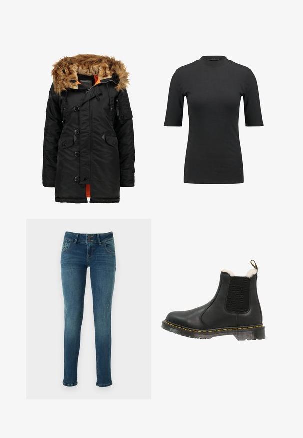 Schwarze isolierte Parka mit fellgefütterter Kapuze, orangem Innenfutter, Druckknopfverschluss und mehreren Fronttaschen. Verfügt über verstellbare Kordelzüge.; Schwarzes geripptes T-Shirt mit hohem Hals und kurzen Ärmeln. Glattes, figurbetontes Design ohne Muster oder sichtbare Hardware-Details.; Schlanke blaue Jeans aus Denim mit einer ausgewaschenen Optik, zwei Knopfverschluss, fünf Taschen und leicht abgetragenen Details in der Kniegegend.; Schwarze Leder-Stiefelette mit strukturierten Seitenpanelen, weichem weißen Kunstfellfutter, gelben Nähten und einer strapazierfähigen Gummisohle.