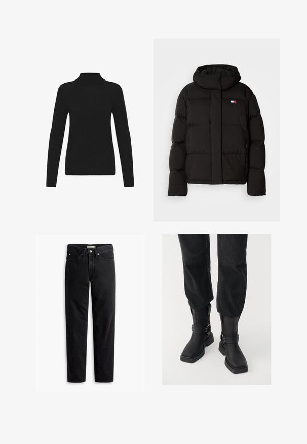 Sort pufferjakke med hætte, prydet med et quiltet design, sidelommer og et lille logo-patch på brystet. Glat, mat tekstur.; Sort langærmet turtleneck sweater med ribbet krave, manchetter og kant, præsenteret mod en hvid baggrund.; Sorte straight-leg jeans med knap- og lynlåslukning, bæltestropper samt for- og baglommer, vist fladt på hvid baggrund.; Sorte læder ankelstøvler med firkantet tå, der har en bred rem og metallisk spænde detalje. Støvlerne har en chunky sål og en glat overflade.