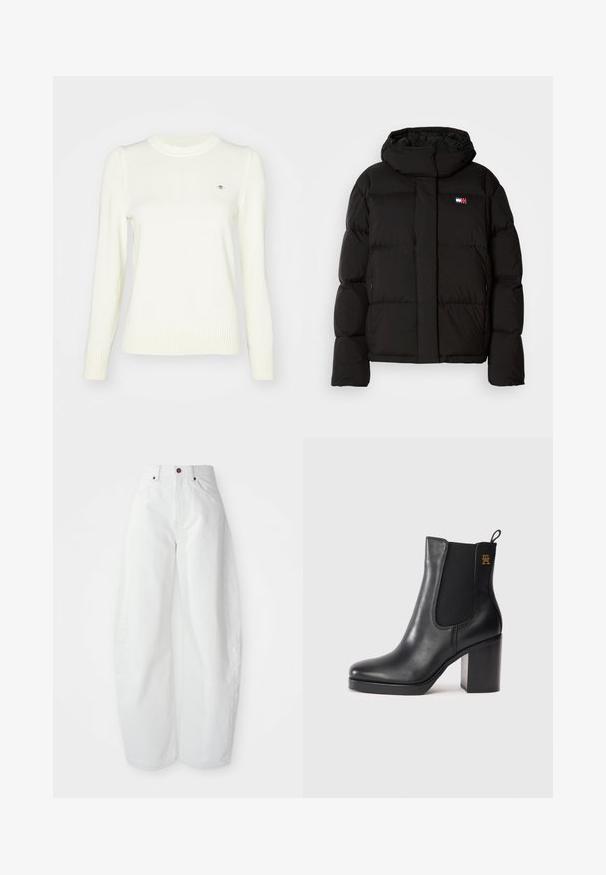 Veste matelassée noire avec capuche, présentant un design matelassé, des poches latérales et un petit patch logo au niveau de la poitrine. Texture lisse et mate.; Pull crème clair, texture tricotée, col rond, manches longues, poignets et ourlet côtelés. Détail logo discret sur la poitrine.; Pantalons en denim blancs taille haute avec une coupe ample. Dotés d'une fermeture à bouton, de poches latérales et d'un design minimaliste. Texture lisse.; Bottines en cuir noir avec talon bloc, panneau élastique sur les côtés, languette d'enfilage et petit logo doré sur le dessus.