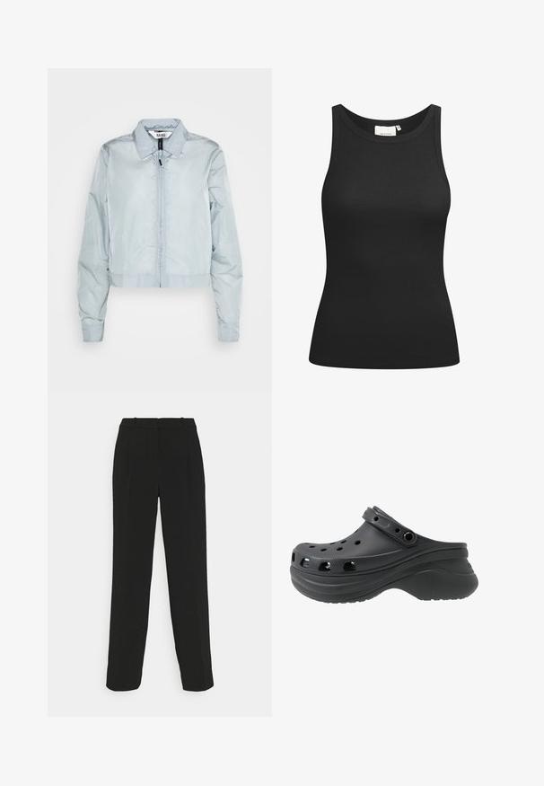 Hellblaue, kurz geschnittene Jacke aus glänzendem Nylon mit einem Frontreißverschluss und einem klassischen Kragen. Lange, leicht geraffte Ärmel.; Schwarzes Tanktop aus Rippstoff mit Rundhalsausschnitt und figurbetonter Passform. Flache Nähte und keine Verzierungen. Einfaches und elegantes Design.; Schwarze, maßgeschneiderte Hose mit geradem Bein, hoher Taille, Falten und glattem Stoff.; Schwarze Clogs mit perforierten Seitenlöchern aus leichtem Kunststoffmaterial. Mit einem Fersenriemen und einer strukturierten Sohle.