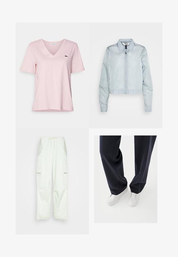Hellblaue, kurz geschnittene Jacke aus glänzendem Nylon mit einem Frontreißverschluss und einem klassischen Kragen. Lange, leicht geraffte Ärmel.; Helles, rosafarbenes Baumwoll-T-Shirt mit V-Ausschnitt und kurzen Ärmeln, ausgestattet mit einem kleinen grünen, gestickten Krokodil-Logo auf der linken Brust.; Samsøe Samsøe CHI TROUSERS - Cargohose - frosted mint; Weiße Sneakers mit strukturierten Gummisohlen und flachen Schnürsenkeln, kombiniert mit dunkeln, marineblauen Hosen aus lockerem, glattem Stoff und maßgeschneiderter Passform.