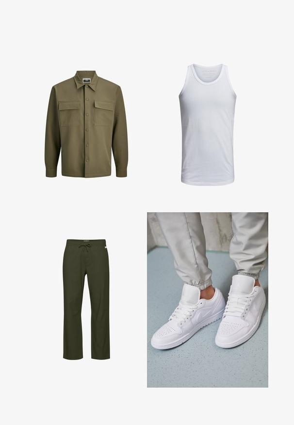 Olijfgroene overhemd met knopen, een klassieke kraag, twee borstzakken en lange mouwen. Soepele textuur, getailleerde pasvorm en minimale hardware.; Witte katoenen tanktop met een ronde hals, brede schouderbanden en minimale branding binnen de kraag. Zachte textuur, casual pasvorm.; Olijfgroene broek met een tailleband met trekkoord, rechte pijp, zachte stoftextuur en een subtiel logovlaggetje aan de voorkant.; Witte leren sneakers met een geperforeerde neus, platte veters, een gepolsterde kraag en het Jordan-logo op de tong. Gediend met grijze joggers.