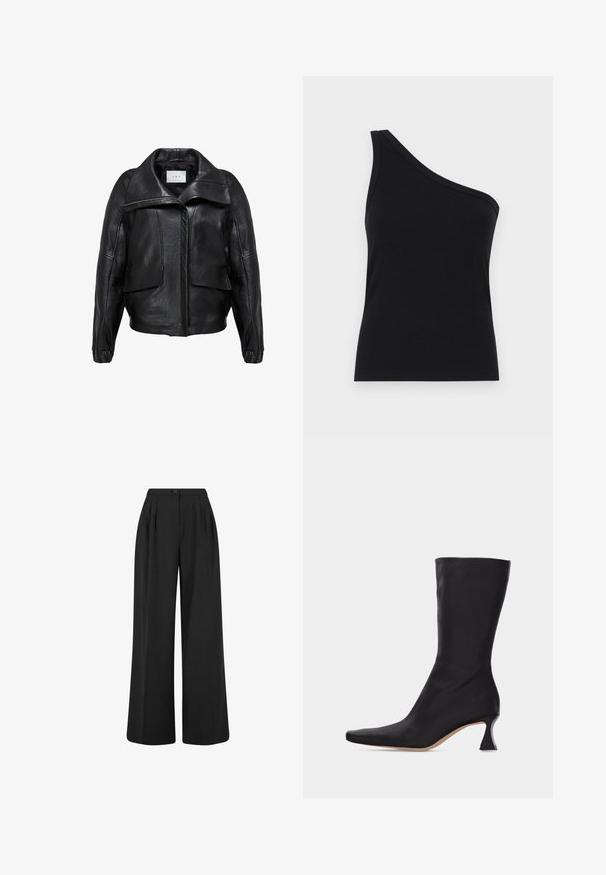 Veste en cuir noir avec un design structuré, dotée d'un large col, de grandes poches avant et d'une fermeture éclair à l'avant. Texture lisse.; Débardeur noir à côtes à une épaule, avec un design ajusté et une texture douce. Présente une coupe épurée et minimale ainsi qu'un col lisse.; Pantalon noir taille haute à jambes larges avec des plis à l'avant, une fermeture par bouton à la taille et une finition en tissu lisse.; Botte en cuir noire mi-mollet avec bout pointu et talon bas courbé sur un fond clair uni.